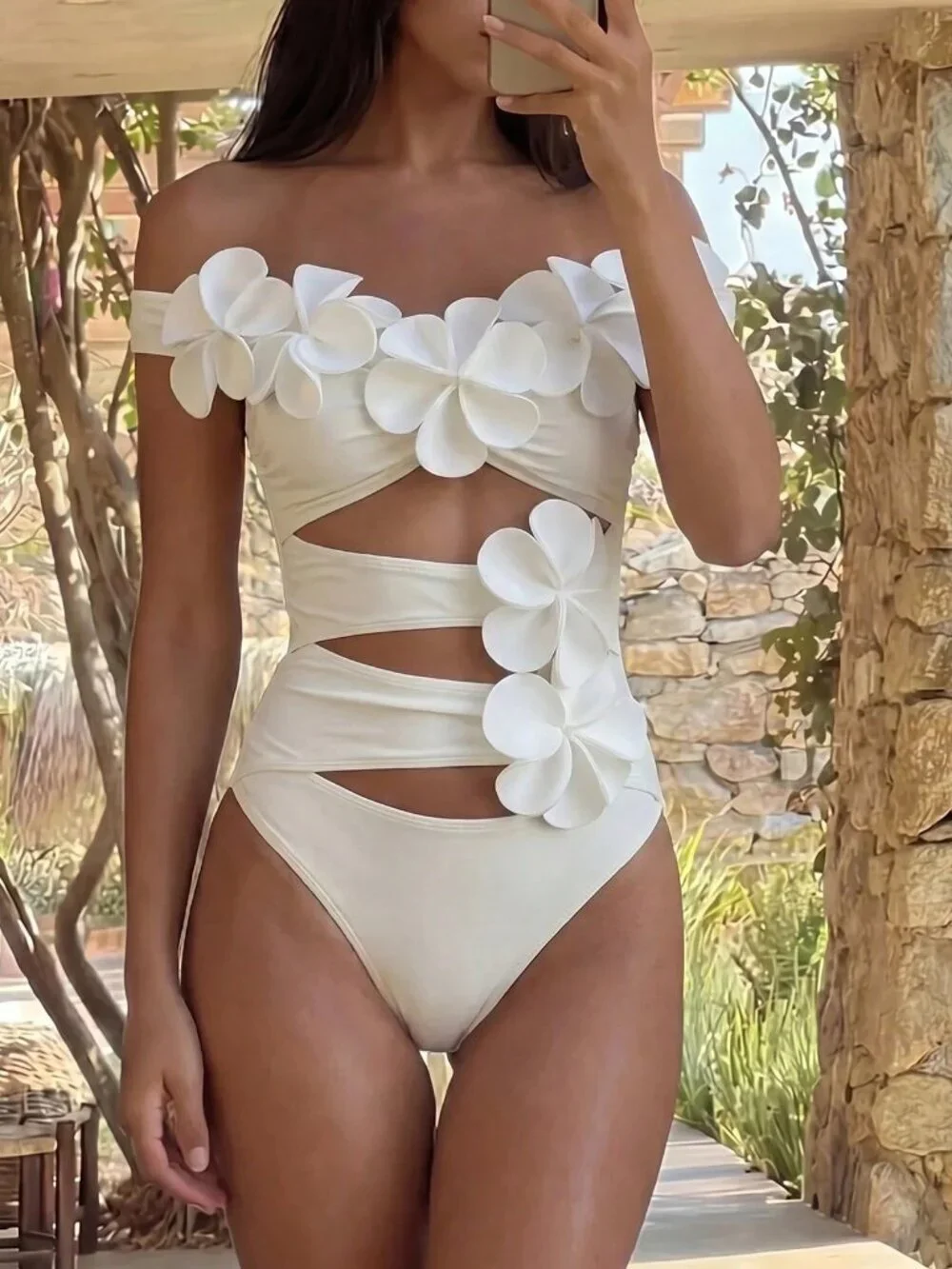 White Elegant Women's Beach 3D Floral Off-Shoulder Strapless Ruched Swimsuit